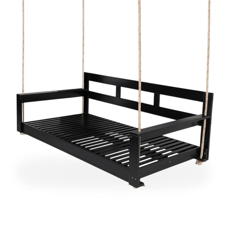 Twin Size Wooden Porch Swing Daybed - Outdoor Hanging Rope Swing with 600lb Weight Capacity for Patio, Garden, Backyard