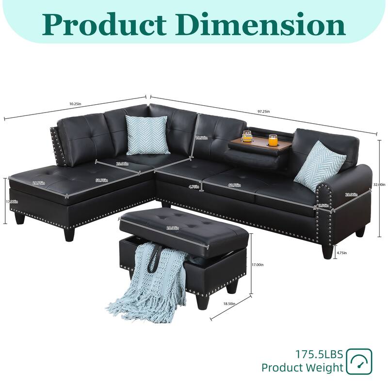 HOMEFUN Linen/Leather Upholstered L-Shaped 4-seater Multifunctional Sectional Sofa with Storage Ottoman,Cup Holder