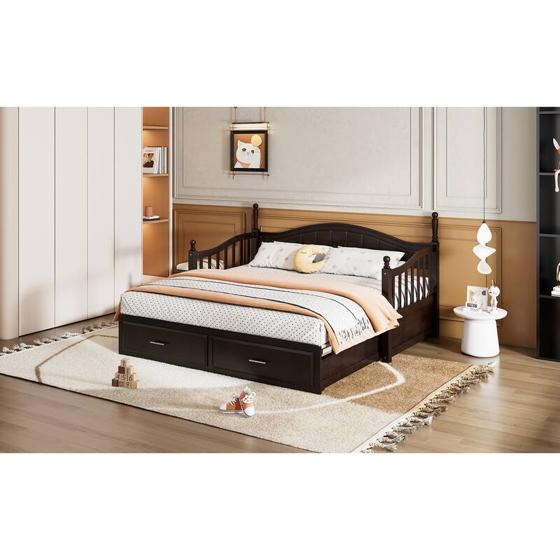 Twin Size Wood Daybed with Trundle and 2 Storage Drawers