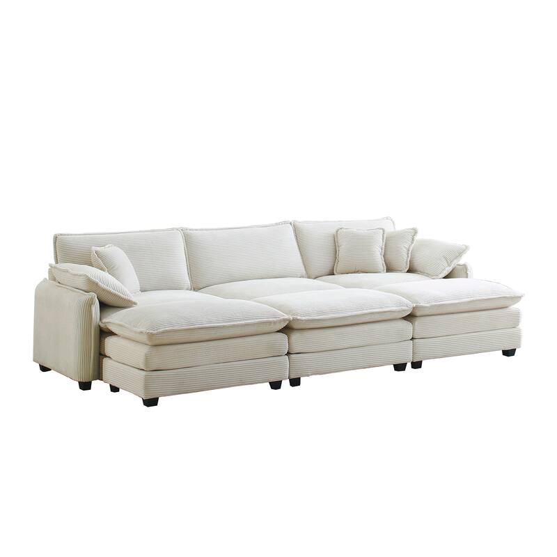 Beige 6-piece Corduroy Upholstered Modular Sleeper Sectional Sofa with 3 Removable Ottoman and 5 Pillows, Free Combination