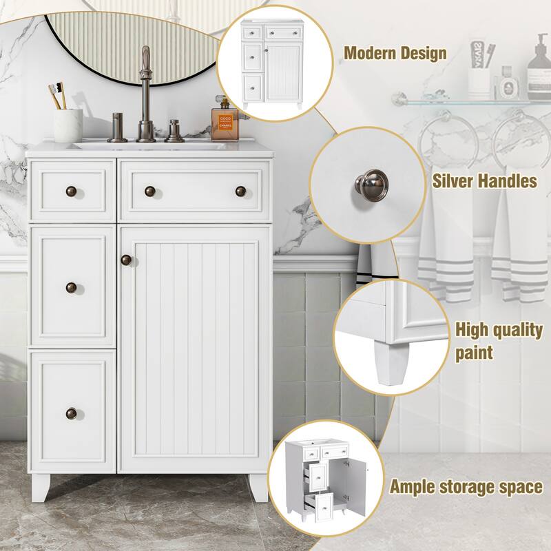 24" Bathroom Vanity Cabinet with Ceramic Sink, 2 Drawers & Door, White