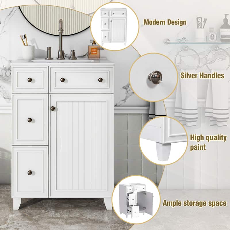 24-Inch Bathroom Vanity Cabinet with Ceramic Sink, 2 Drawers, 1 Door