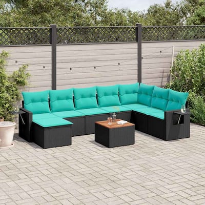 vidaXL 9 Piece Patio Sofa Set with Cushions Black Poly Rattan - 24.4" x 24.4" x 27.2"
