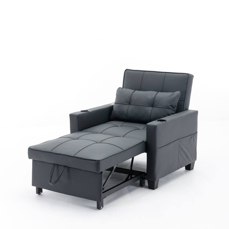Leather Futon Armchair Bed with USB, Cup Holders & 3-Position Backrest