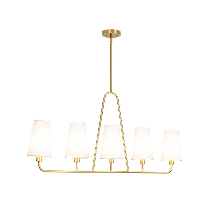 5-Light Mid-Century Modern Linear Pendant Light in Brass Finish White TC Fabric Shade for Dining Room and Kitchen Island
