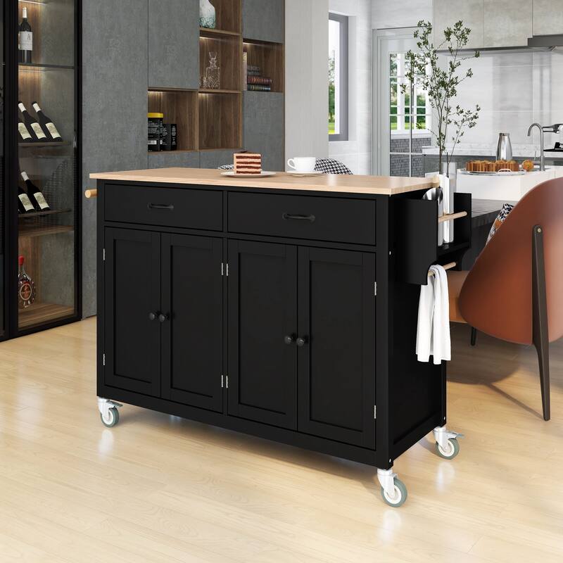 Black Solid Wood Kitchen Island with Locking Wheels, Rolling Kitchen Cart, Closed Storage Kitchen Cabinet with Rack