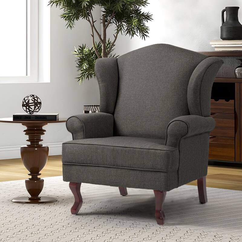 Elegant Living Room Wing Back Arm Chair Upholstered Accent Chair - Single Chair - Dark Grey