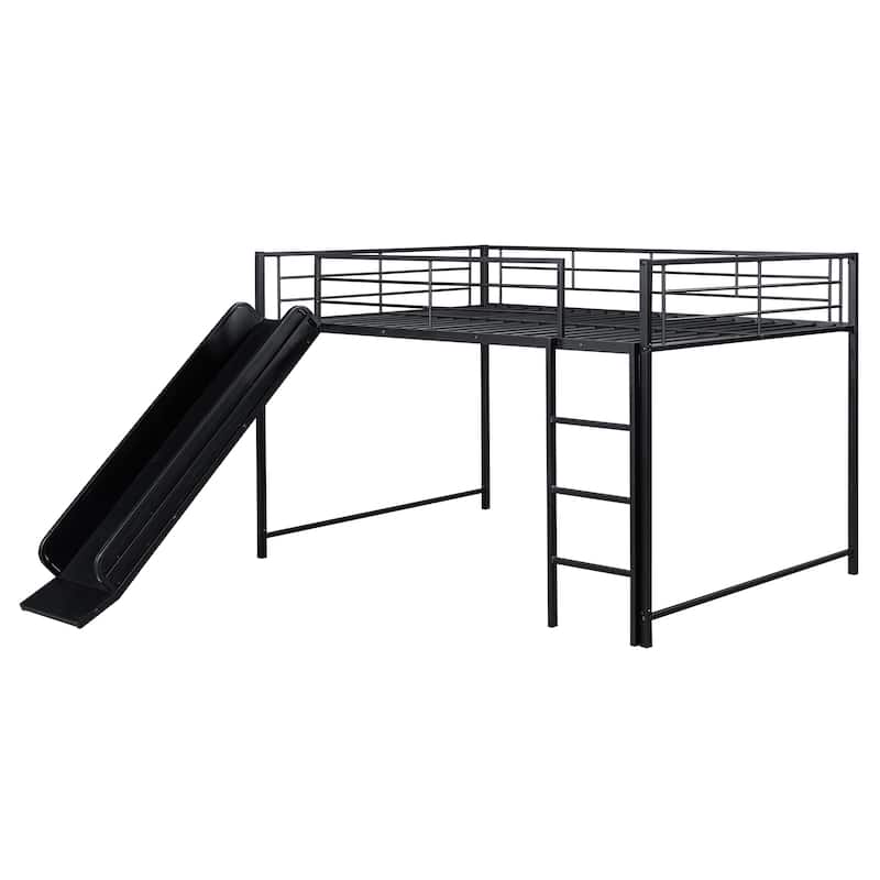 Black Full over Full Size Metal Bunk Bed with Slide and Guardrails for Kids