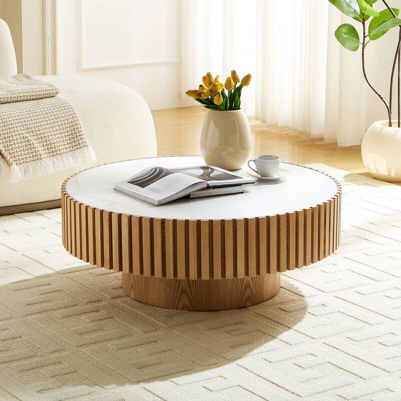 35.43" Round Sintered Stone Tabletop, Modern Drum Coffee Table, Luxury Circle Coffee Table for Apartment - Oak