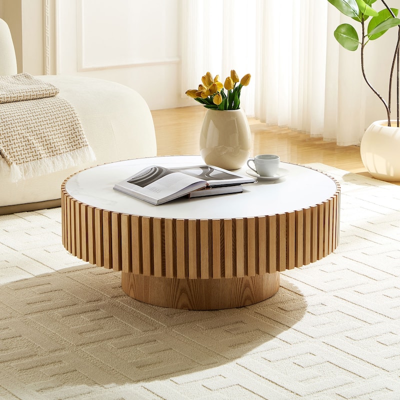 Luxury Round Coffee Table with Faux Marble Top, 35.43" Modern Low Drum Shape Cocktail Table for Living Room, Reception Room - Oak