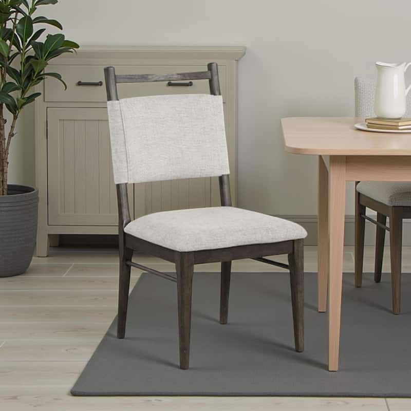 Oline Side Dining Chair Set of 2, Dark Walnut Brown Wood, Light Gray Fabric