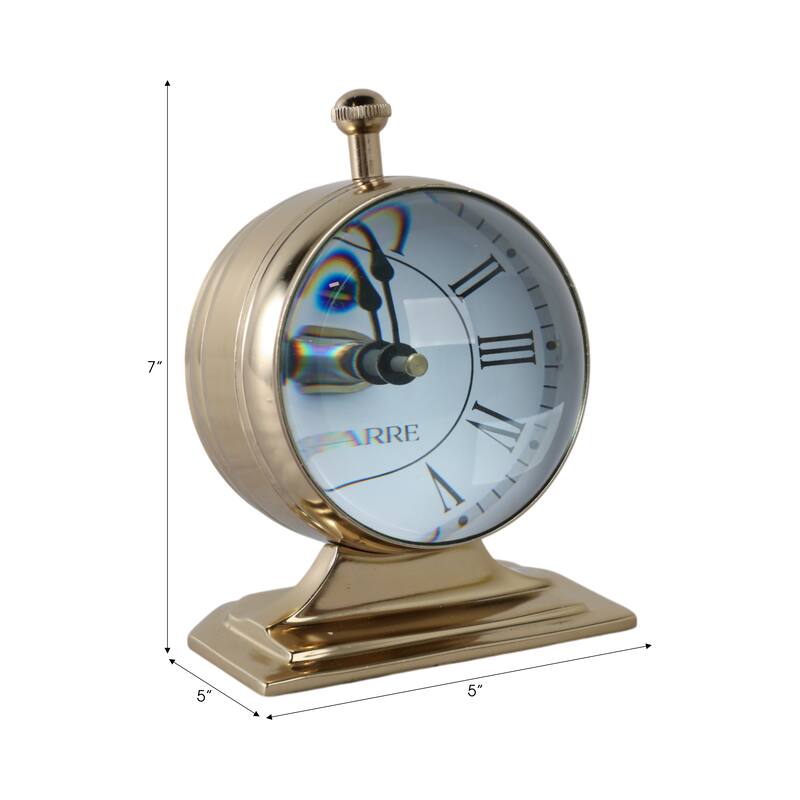 Metal Glass Desk Clock with Glass Lens and Roman Numerals Face on Base - 5" x 5" x 7"
