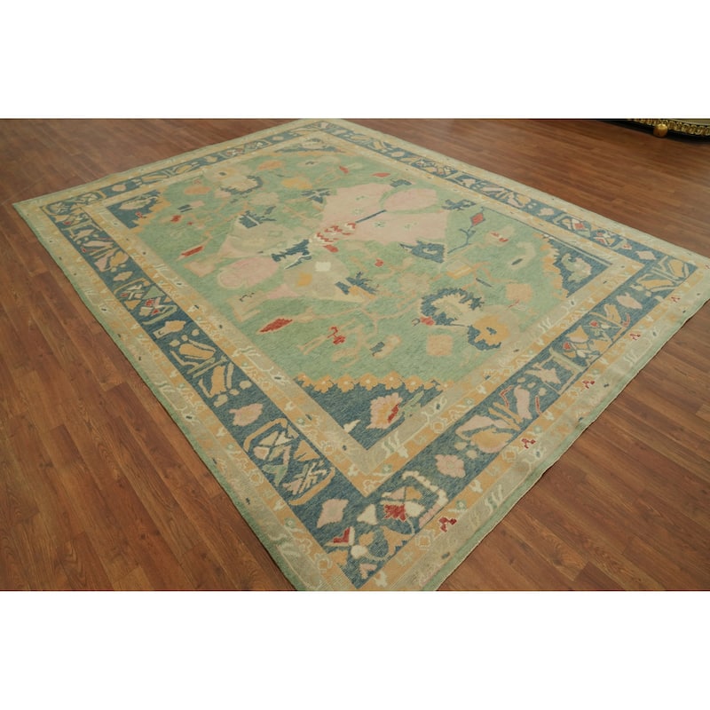 Vegetable Dye Green Oushak Turkish Area Rug, Floral Geometric Carpet - 10' 5'' X 8' 2''