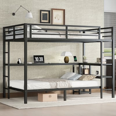 Metal Bunk Bed with Desk,LED and USB,Full Over Twin