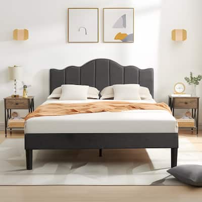 VECELO Modern Upholstered Bed with Curved Height Adjustable Headboard,Dark Grey
