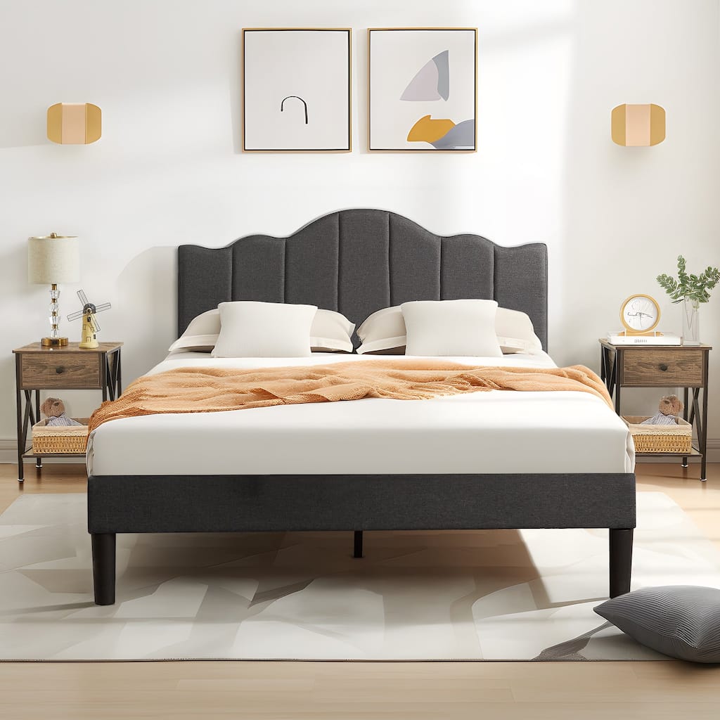 VECELO Modern Upholstered Bed with Curved Height Adjustable Headboard,Dark Grey