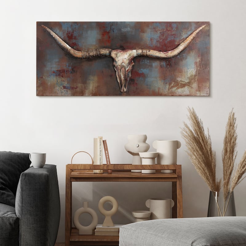 "Long Horn" Mixed Media Iron Hand Painted Dimensional Wall Art Sculpture