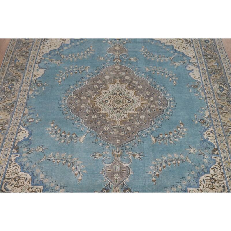 Light Blue Medallion Tabriz Persian Area Rug Hand-Knotted Wool Carpet - 9'10"x 12'10"