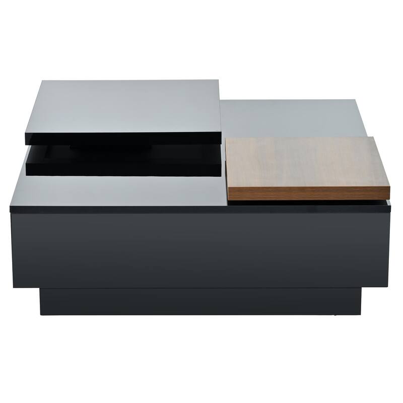 Movable Top Coffee Tables, Wood Square Center Table, High Gloss Cocktail Table with 4 Storage Drawers for Living Room