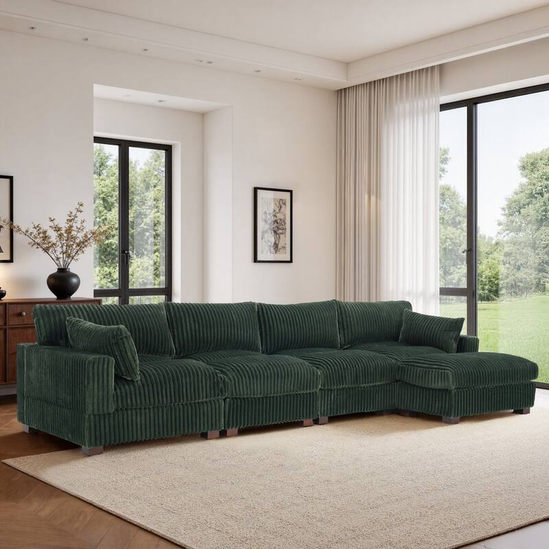Plush Flannel Modular Sectional Sofa for Living Room - Green-5-Piece