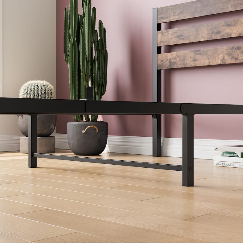 Black Rustic Twin Wood and Metal Platform Bed Frame - Strong Metal Slats