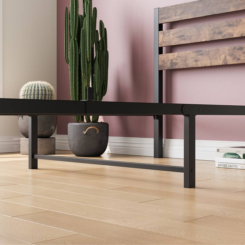 Industrial Vintage Bed Frame for Twin/Full/Queen Mattress, Strong Metal Slats, Wood Headboard, and Under-Bed Storage