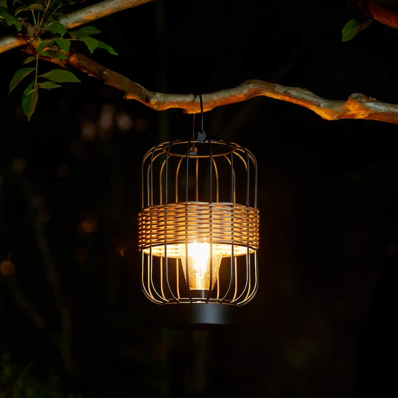 Glitzhome 11.75"H Metal & Faux Rattan Solar Powered Outdoor Lantern with Edison Bulb