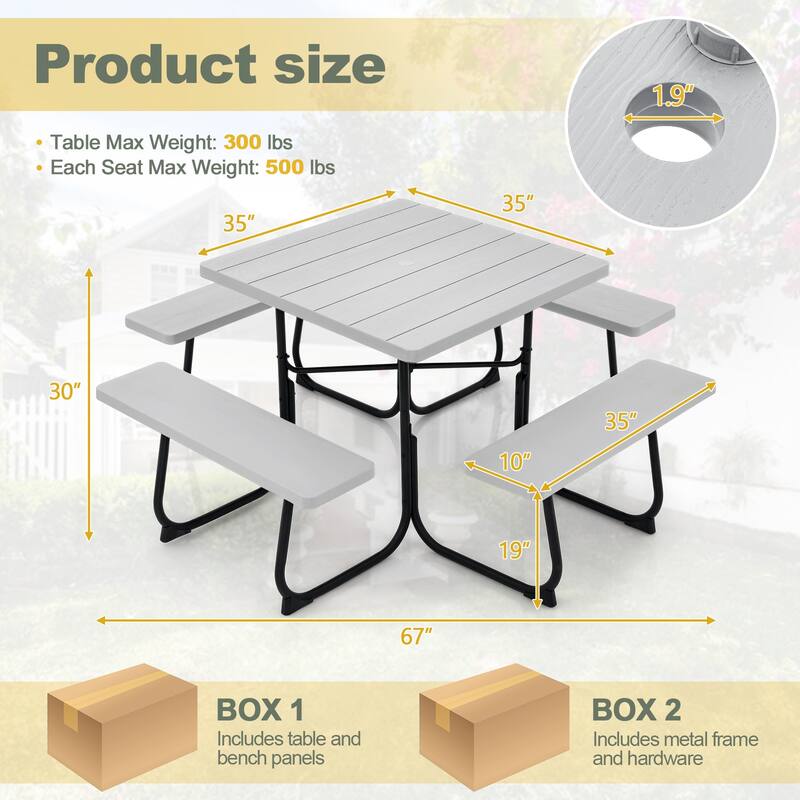 Gymax Outdoor Picnic Table 8-person Square Picnic Table Bench Set w/ 4