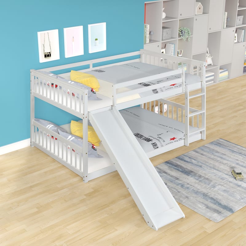 Full over Full Wood Bunk Bed with Slide and Ladder for Kids, Boys and Girls