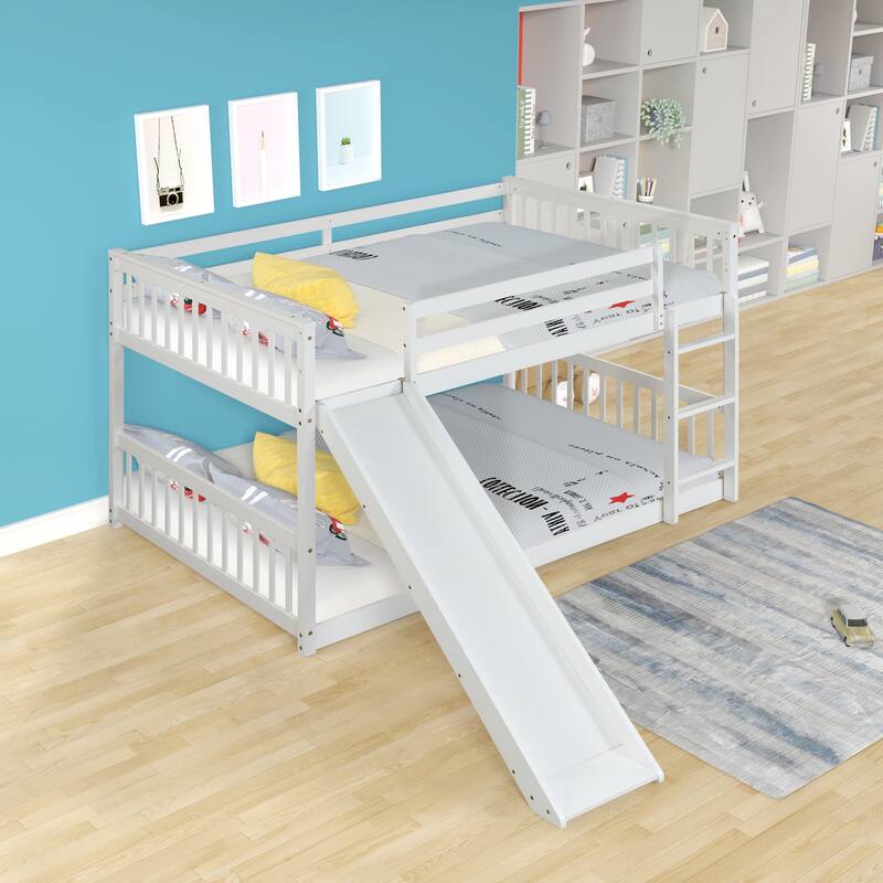 White Full Over Full Bunk Bed with Slide and Ladder, Sturdy Pinewood Frame