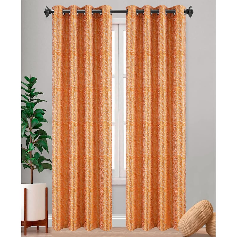 Loewe Marble Metallic Jacquard Grommet Window Curtain Panel, 54x90 Inches - 54x90 Inches - Orange