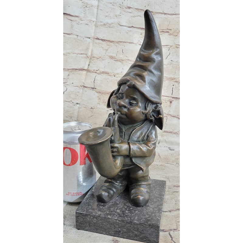 French Bronze Solid Br Figurine Gnome Trumpet Musician Music Collectible
