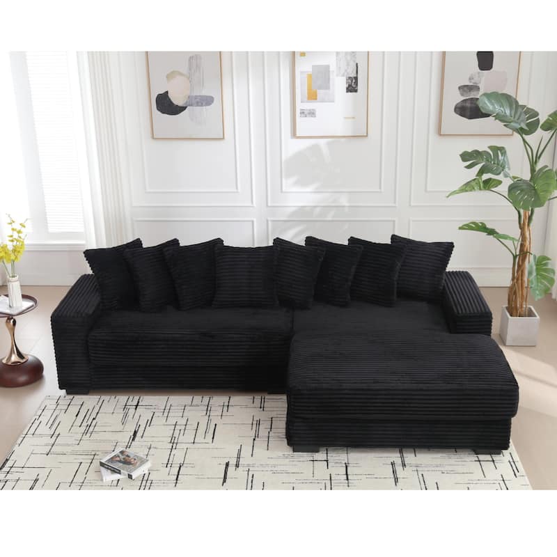 Black 111" Corduroy L-Shaped Sectional Sofa with Right Chaise & 8 Pillows