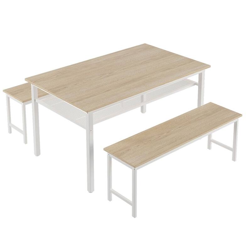 3 Pieces Farmhouse Kitchen Table Set with Two Benches, Metal Frame and MDF Board
