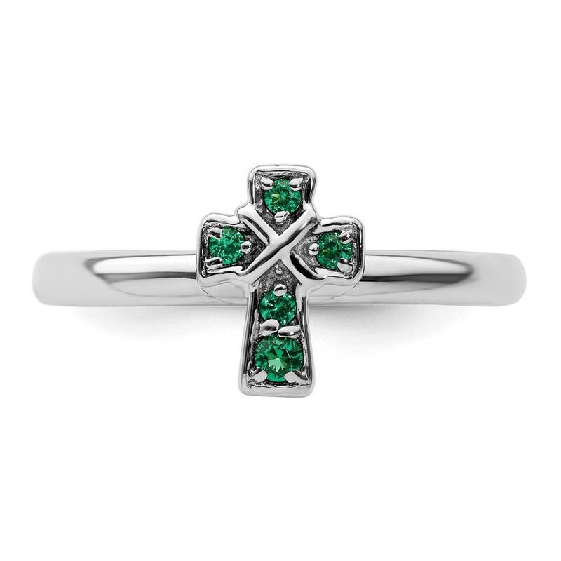 Curata 2.25mm 925 Sterling Silver Stackable Expressions Rhodium Created Emerald Religious Faith Cross Ring