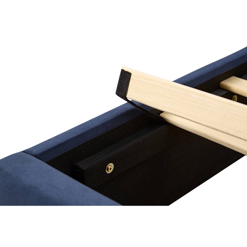 Royal Blue Velvet Bed Frame Vertical Channel Tufted Wingback Headboard Upholstered Platform Bed Wooden Slats