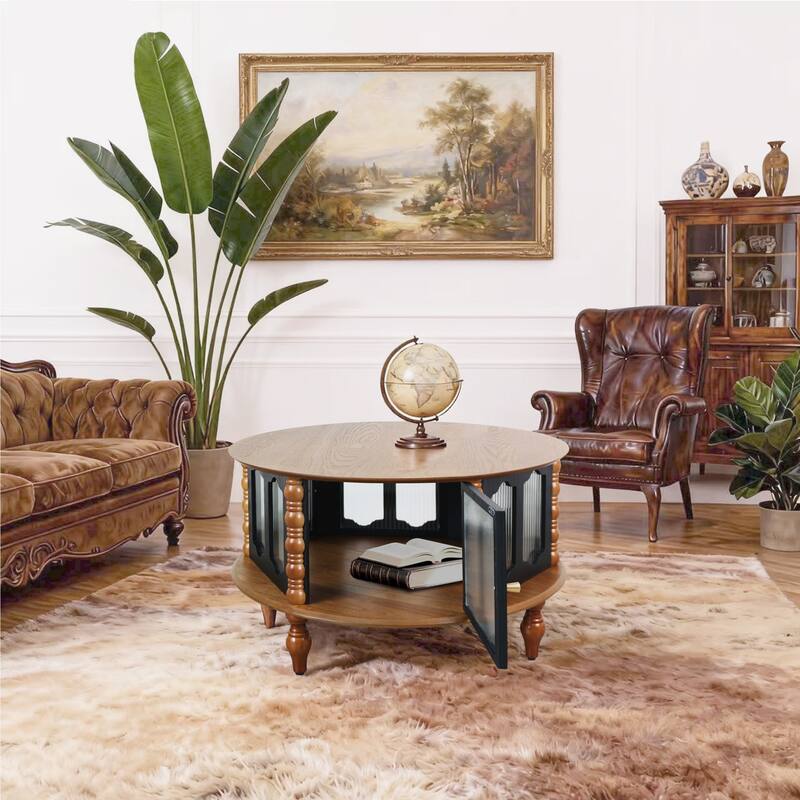 Rustic Round Coffee Table with Storage, 31.5" Wood Accent Table Mid Century Modern Center Tables with Door and Leg