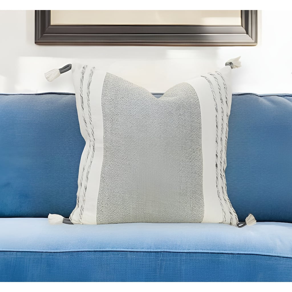 HomeRoots 20" Gray and White Color Block Cotton Throw Pillow With Tassels