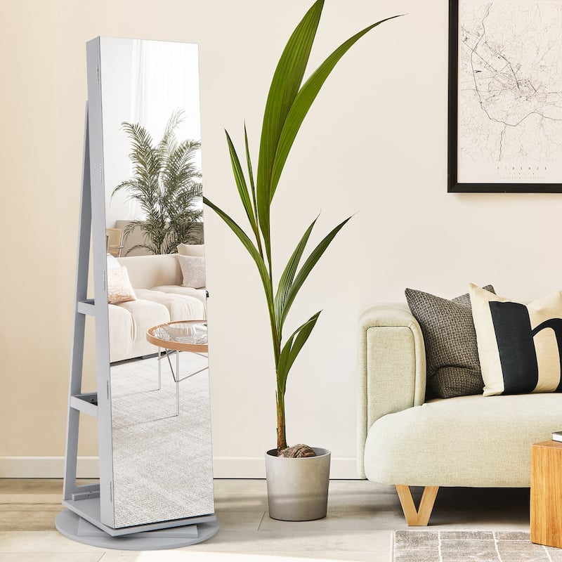 Gymax Rotating Mirrored Jewelry Cabinet Armoire 3 Color LED Modes