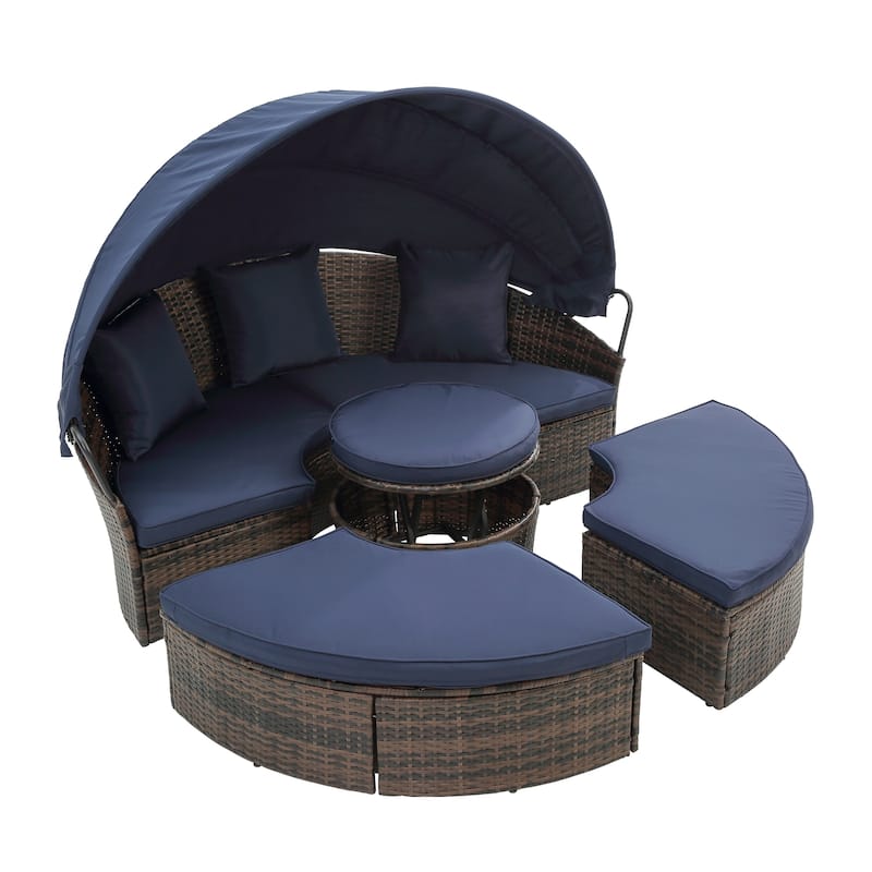 Rattan Outdoor Daybed with Adjustable Canopy, Convertible Clamshell Design, Wicker Sectional Sofa Set with Lift Coffee Table