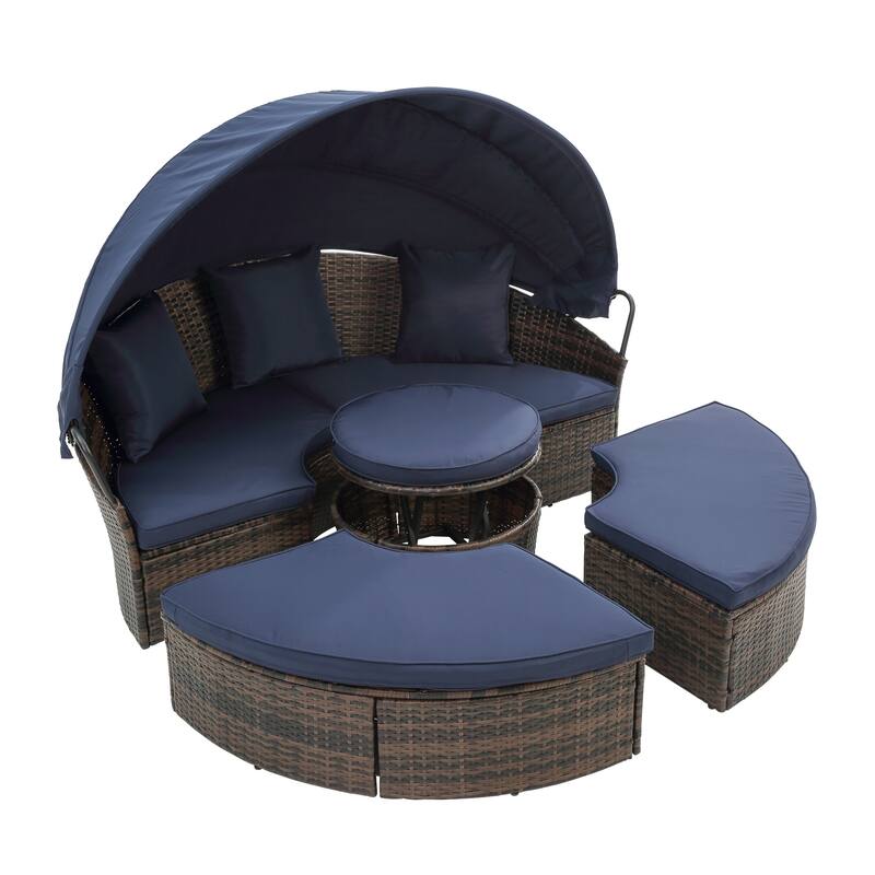 Rattan Round Lounge, Canopy Bali Canopy Bed Outdoor, Wicker Outdoor Sofa Bed w/ Lift Coffee Table, Navy Blue