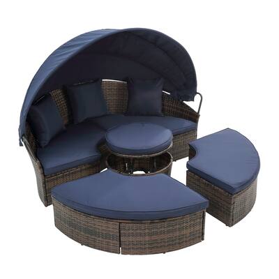 Rattan Round Sunbed with Retractable Canopy, Wicker Outdoor Sectional Sofa Bed, Patio Conversation Set with Lift Coffee Table