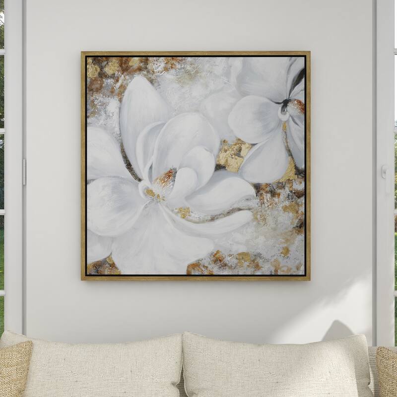 White Canvas Handmade Floral Framed Wall Art with Gold Frame