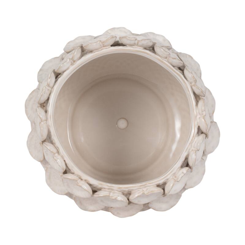 Stoneware Planter with Sculpted Leaf Accents and Textured Detailing