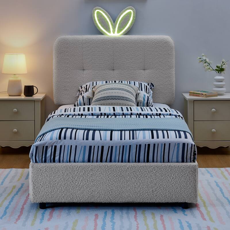 Kids Boucle Upholstered Bed with Rabbit Ear Headboard, LED Music Sync & 4 Drawers