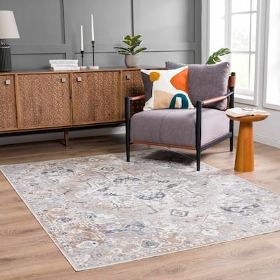 Hauteloom Dobry Living Room, Bedroom Machine Washable Area Rug - Traditional - Off White, Blue, Tan - 2' x 3'