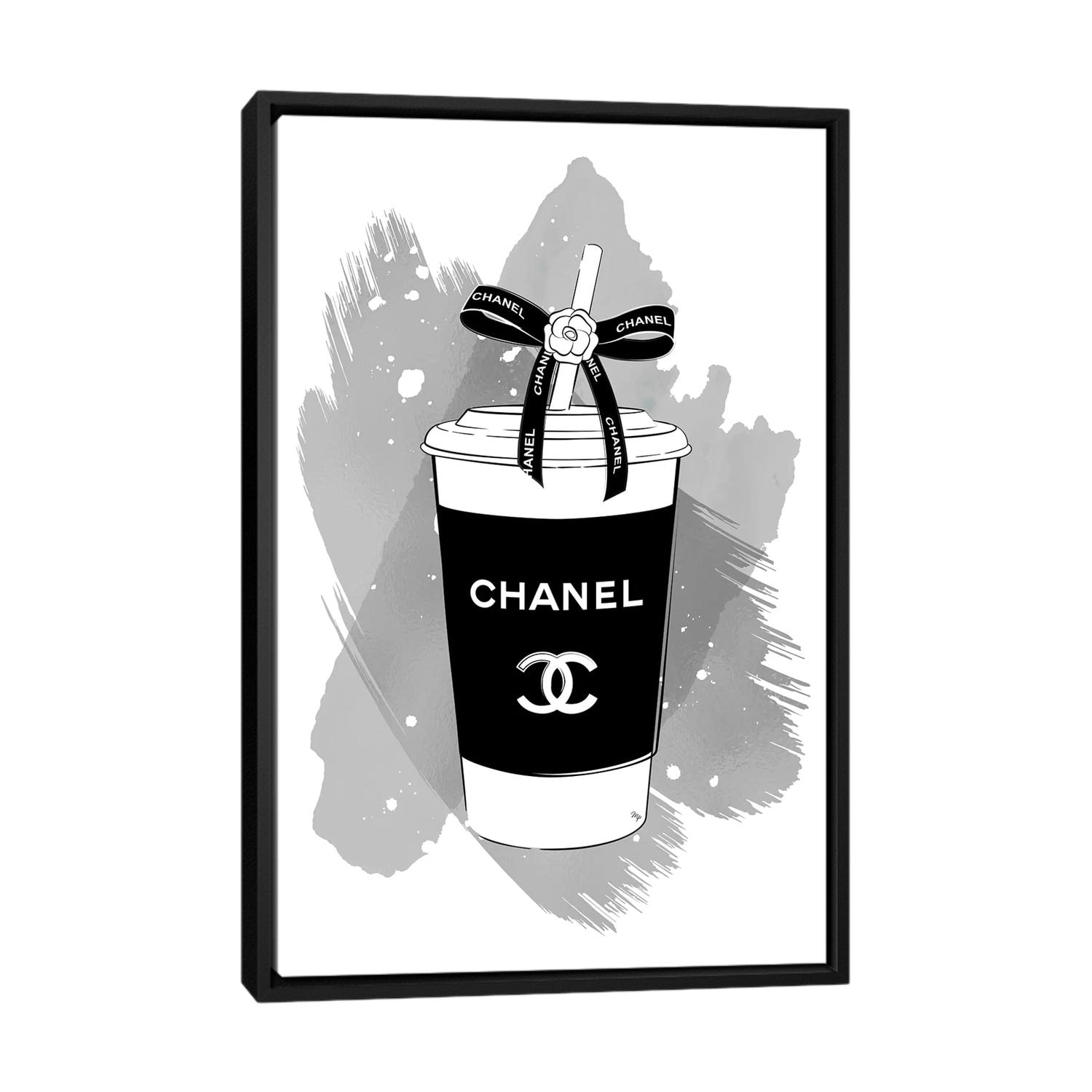 Framed Canvas Art (White Floating Frame) - Pink Chanel Logo by Martina Pavlova ( Fashion > Fashion Brands > Chanel art) - 26x18 in