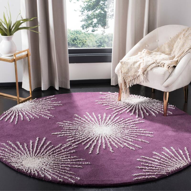 SAFAVIEH Handmade Soho Miyase Burst New Zealand Wool Rug - 6' x 6' Round - Purple/Ivory