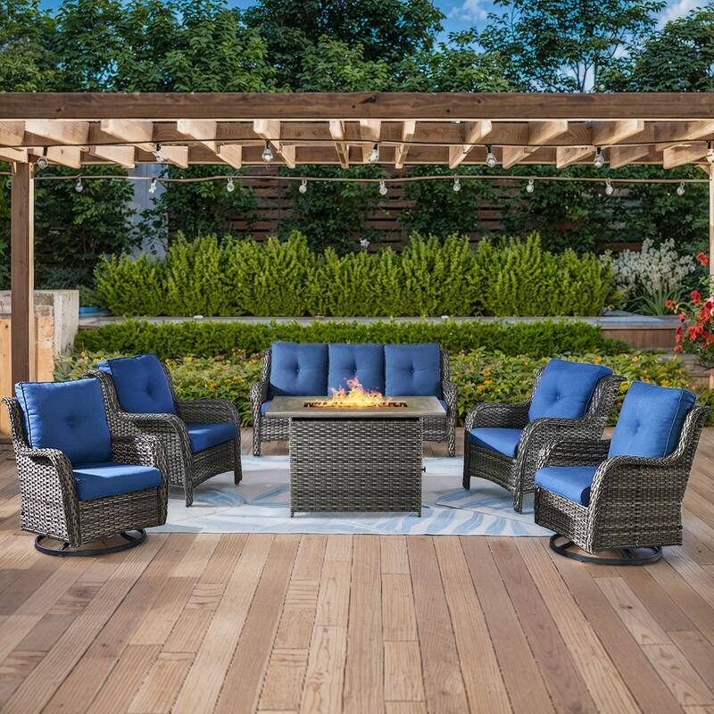Gymojoy 6-Piece Outdoor Wicker Patio Furniture with Fire Pit, Rattan Coversation Set with Water Resistant Thick Cushions - Grey Wicker / Blue Cusion - 6-Piece