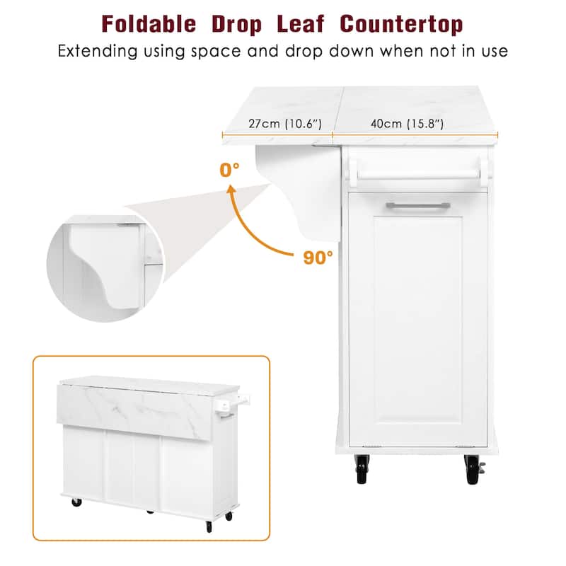 Vintage Rolling Kitchen Cart and Island with Drop Leaf, Tilt Trash Can Cabinet, 2 Drawers and 2-tier Pull-out Storage Organizer